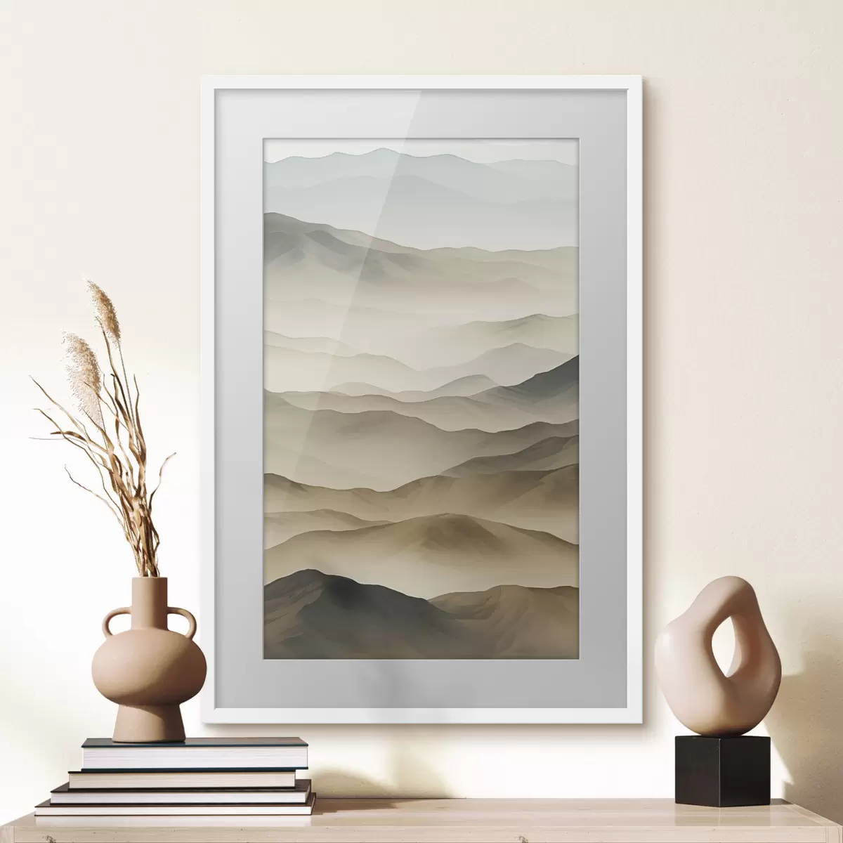 Poster colinas, niebla, tonos neutros, líneas fluidas, tierra, bordes suaves, naturaleza, profundidad f45096