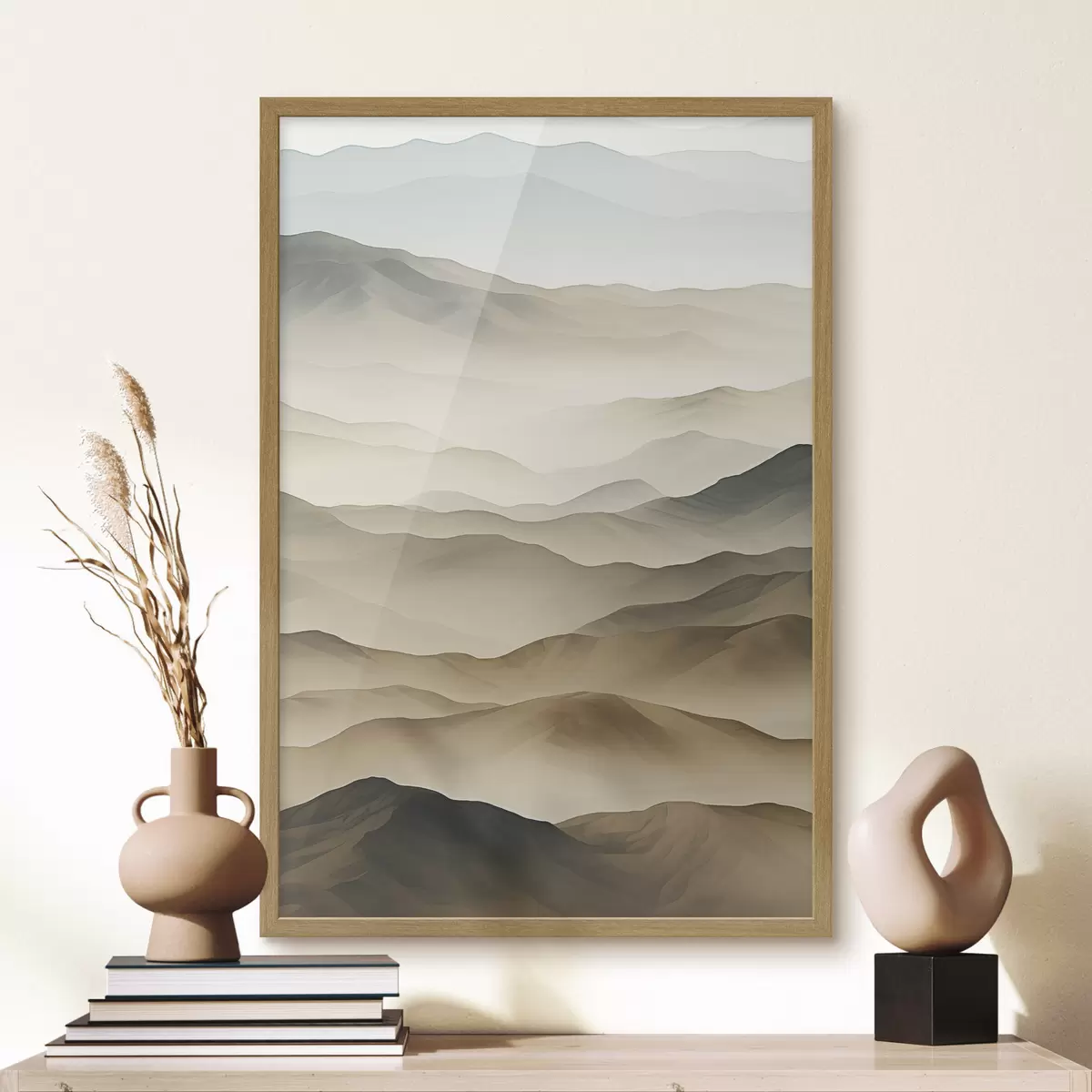 Poster colinas, niebla, tonos neutros, líneas fluidas, tierra, bordes suaves, naturaleza, profundidad f45096