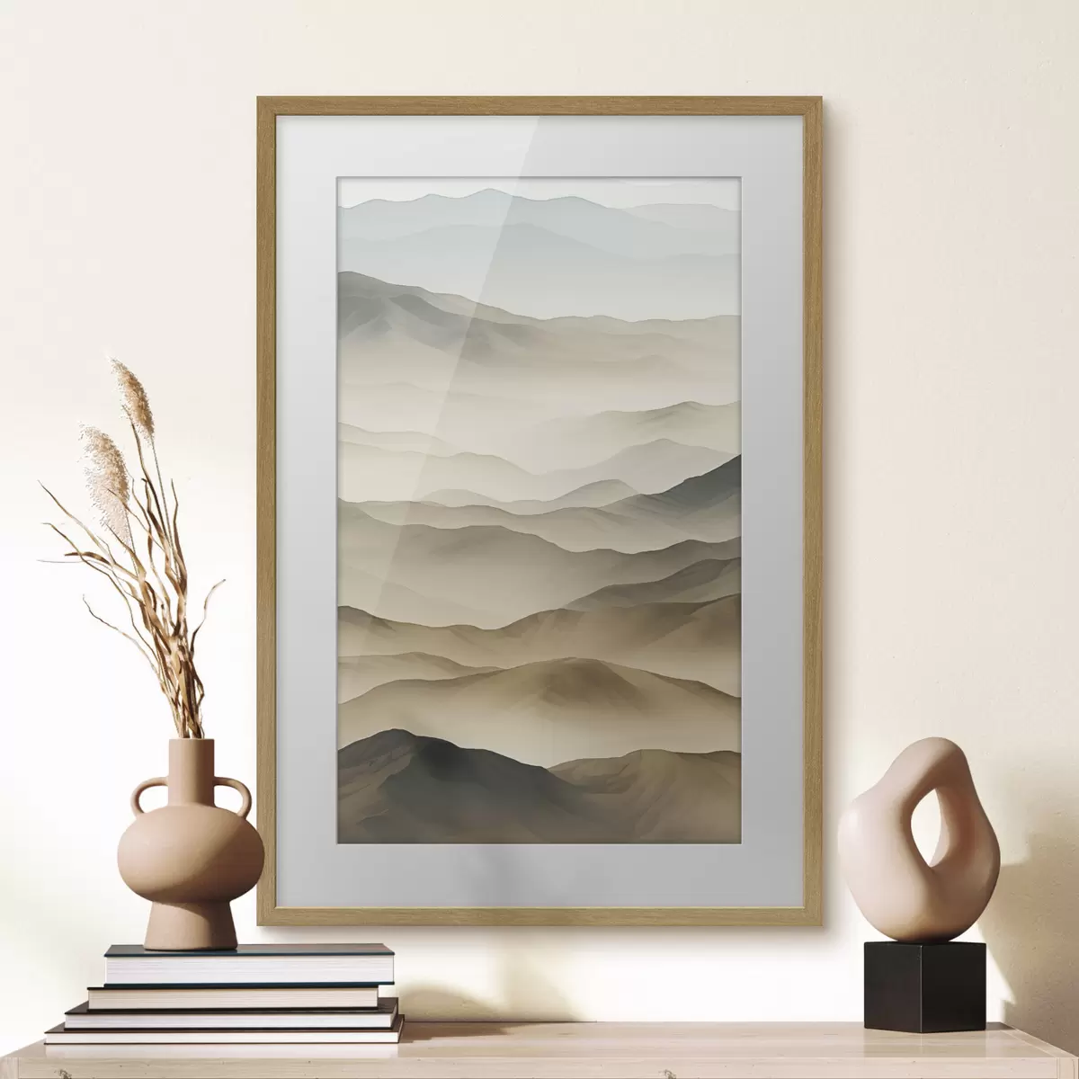 Poster colinas, niebla, tonos neutros, líneas fluidas, tierra, bordes suaves, naturaleza, profundidad f45096