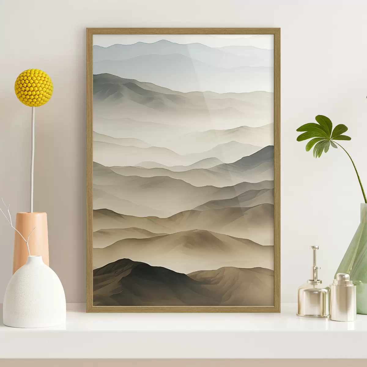 Poster colinas, niebla, tonos neutros, líneas fluidas, tierra, bordes suaves, naturaleza, profundidad f45096