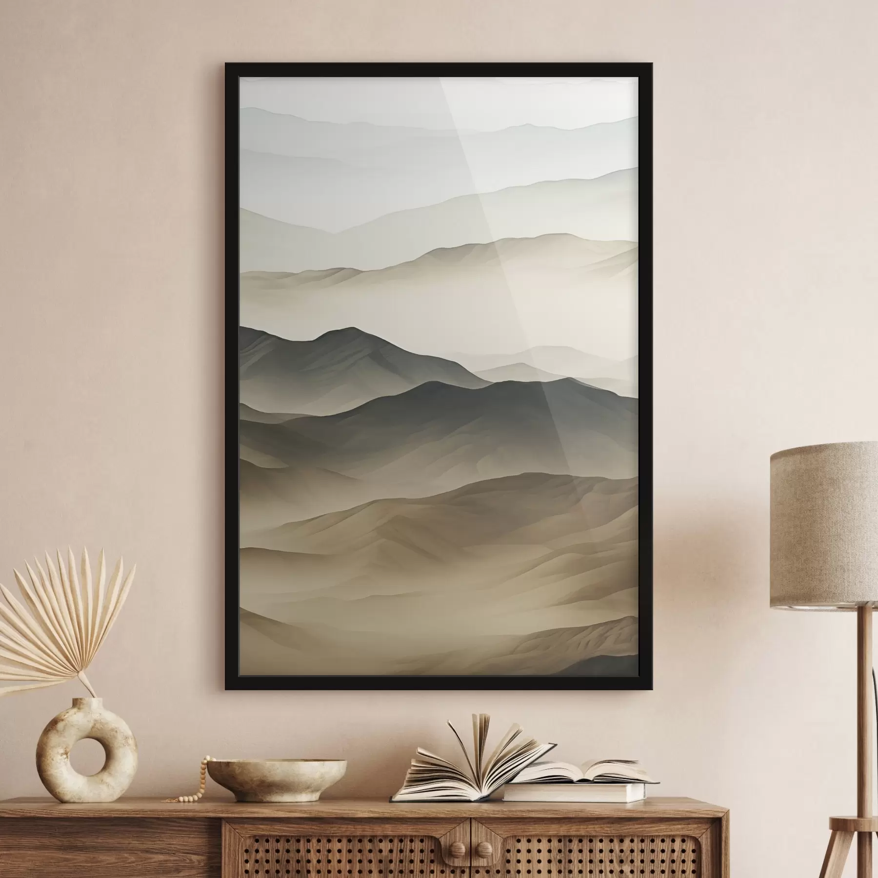 murales de pared colinas desérticas, formas suaves, descoloridas, textura orgánica, calma, minimalista, terreno f45097