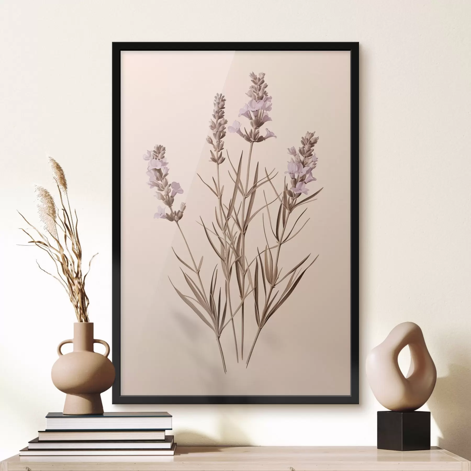 murales de pared lavanda, botánico, fondo beige, morado suave, hojas, floral, natural, tallo f45100