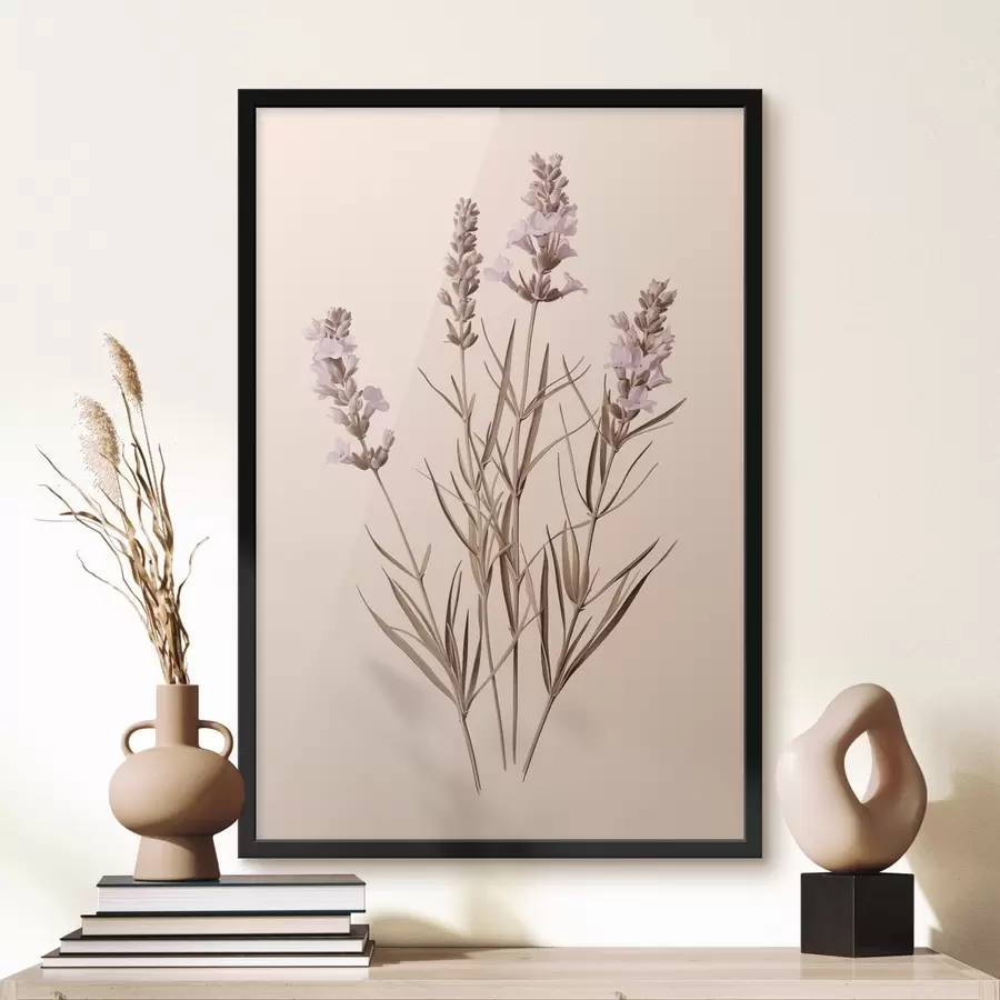 murales de pared lavanda, botánico, fondo beige, morado suave, hojas, floral, natural, tallo f45100