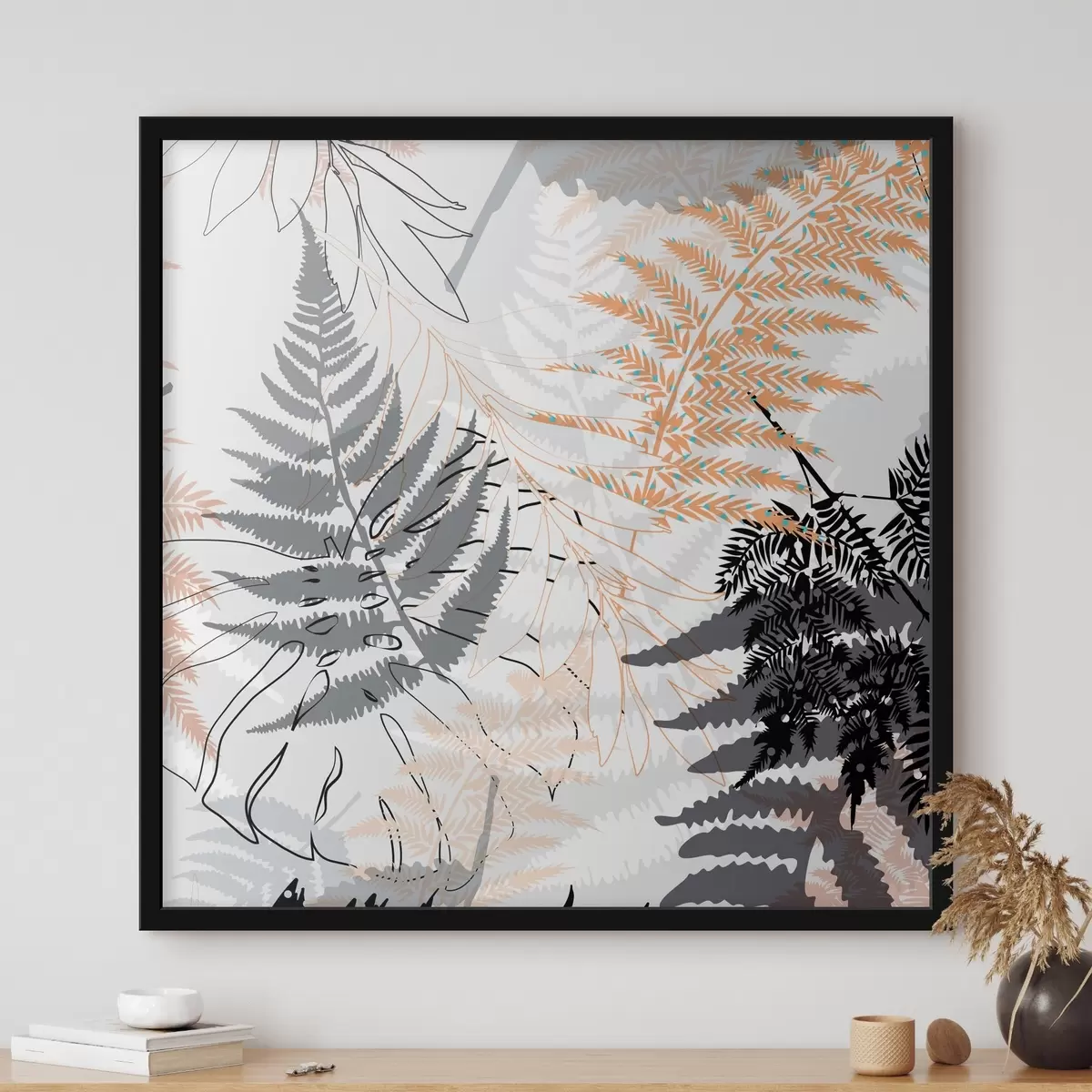 Poster helecho, hojas abstractas, patrón, diseño plano, contraste, tonos grises, botánico, superposición f45101