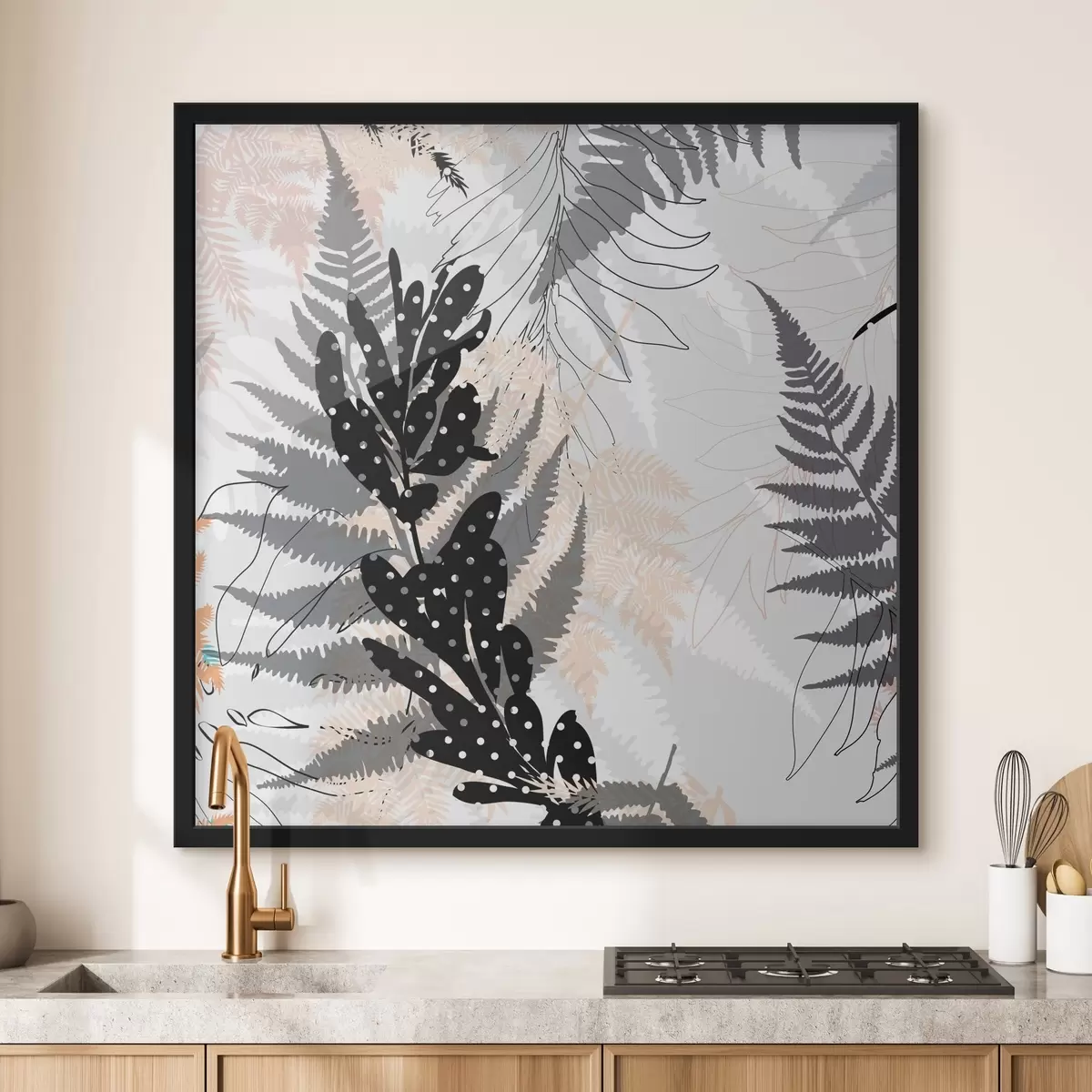Poster impresión de naturaleza, follaje decorativo, mezcla de selva, formas de helecho, paleta neutra, arte de la hoja f45104