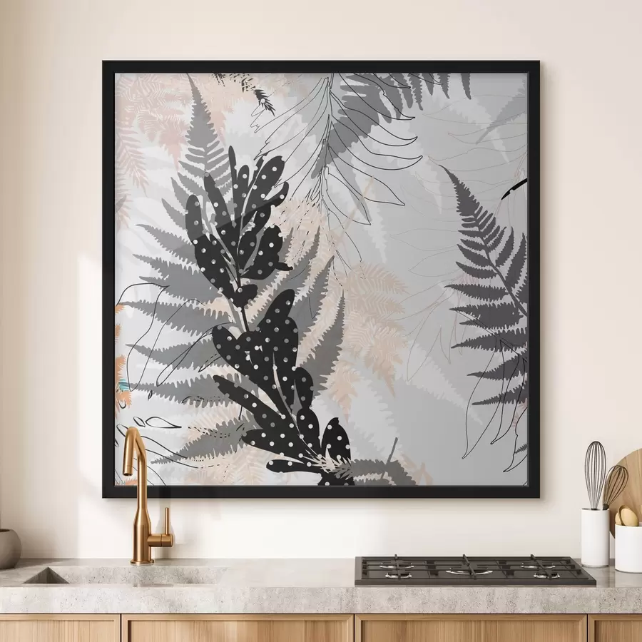 murales de pared impresión de naturaleza, follaje decorativo, mezcla de selva, formas de helecho, paleta neutra, arte de la hoja f45104