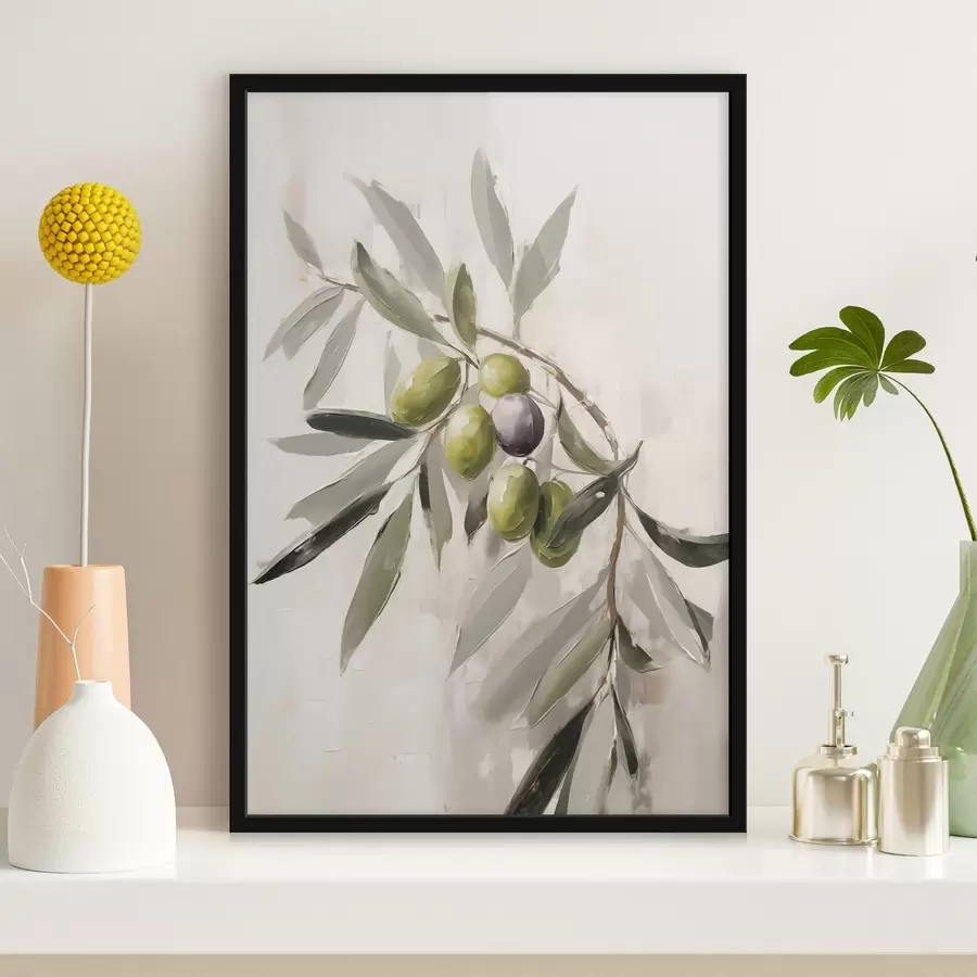 murales de pared aceitunas verdes, detalle de rama, fondo claro, orgánico, paleta natural, rústico f45110