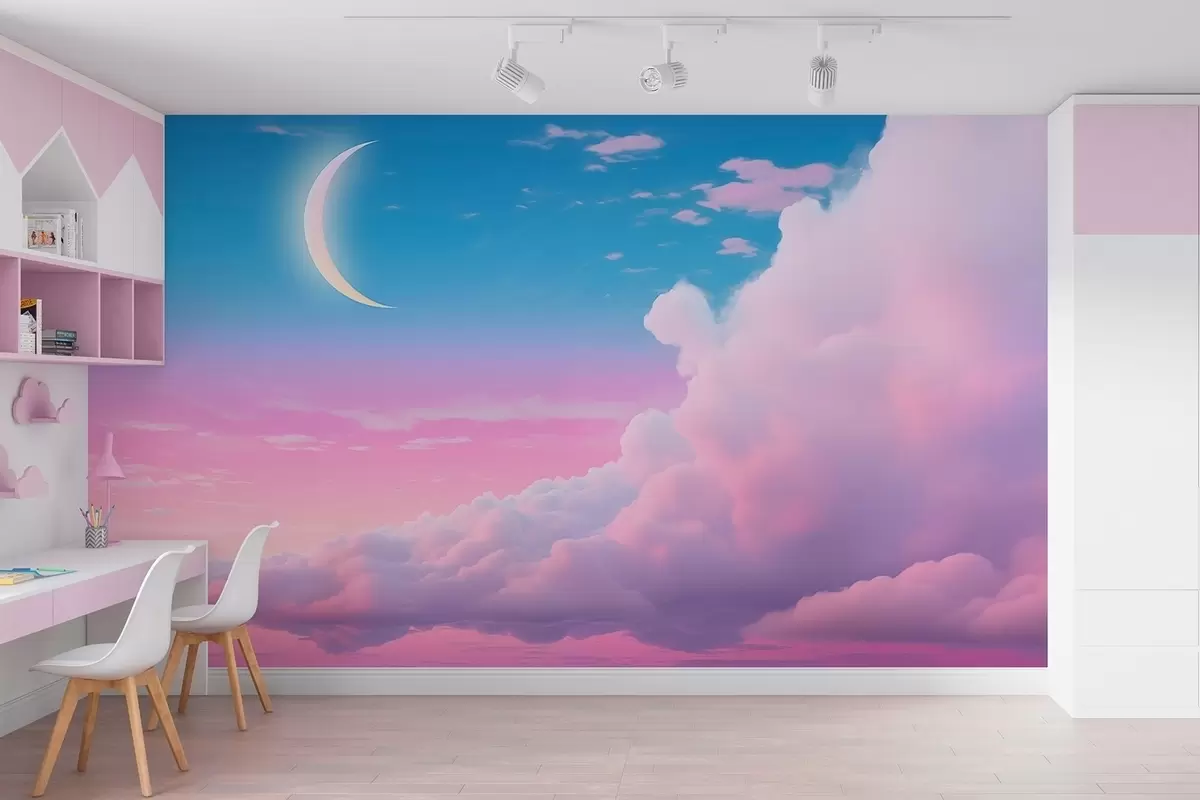 murales de pared Mágica puesta de sol con nubes y luna creciente en tonos rosas y azules w09240