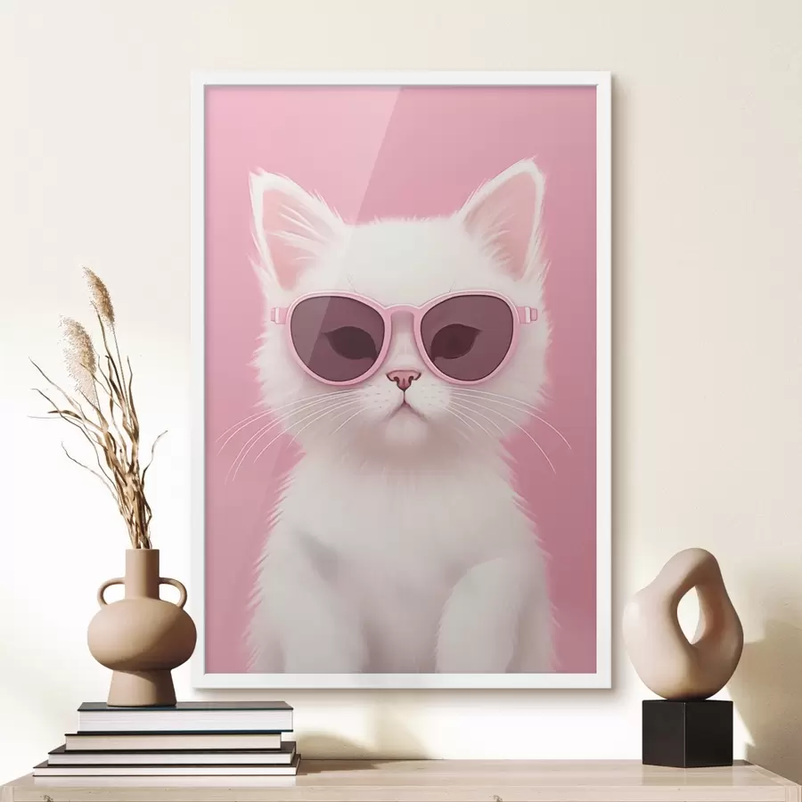murales de pared Gato blanco con gafas rosas f45145