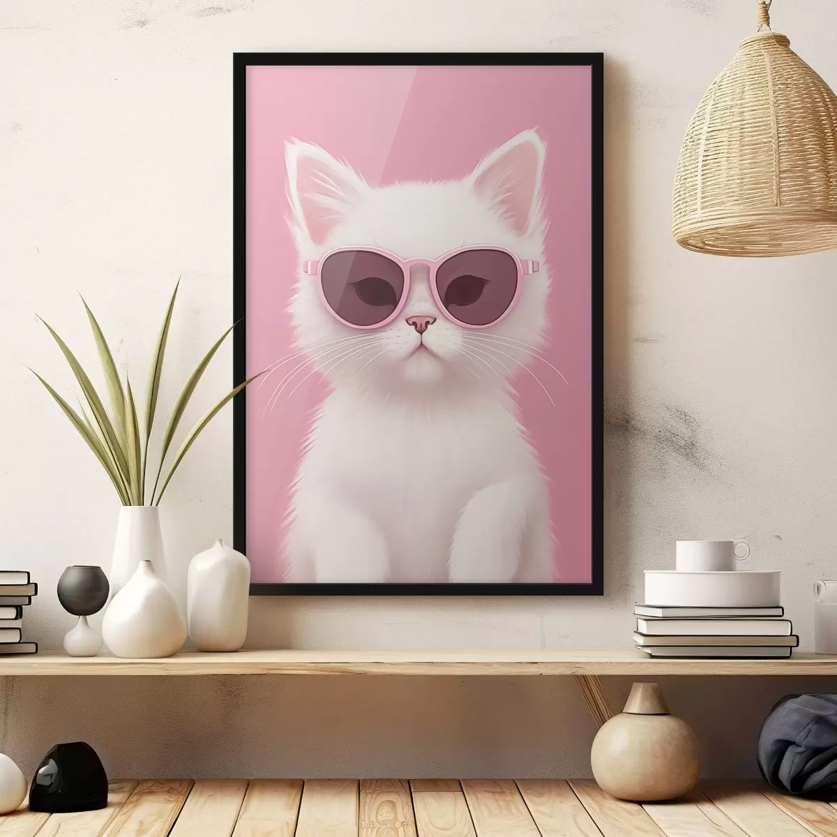 Poster Gato blanco con gafas rosas f45145