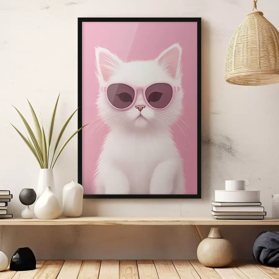 murales de pared Gato blanco con gafas rosas f45145