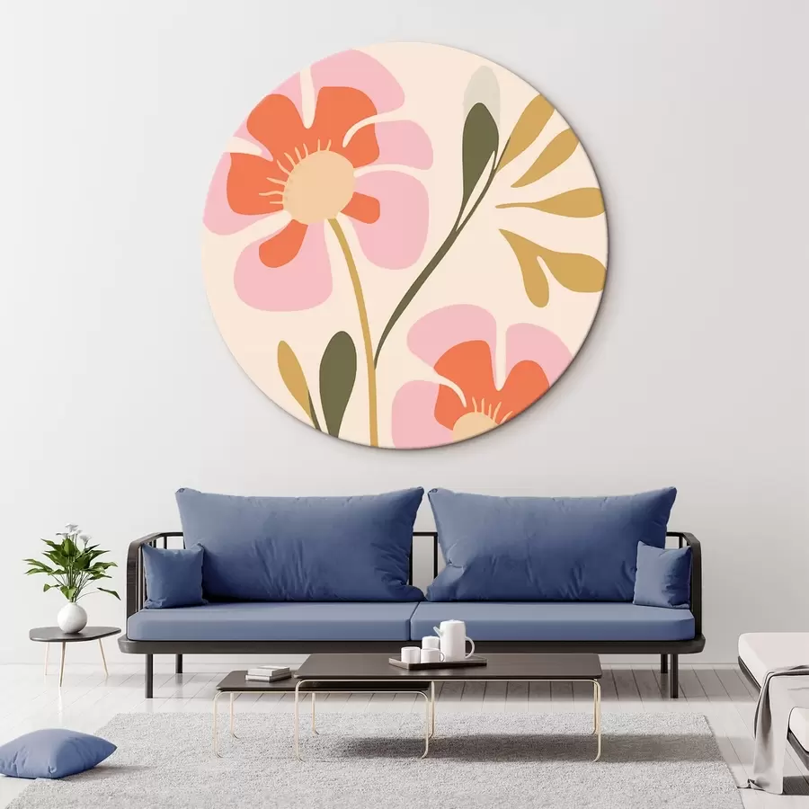 murales de pared Flores estilizadas rosas y naranjas con hojas verdes r45140