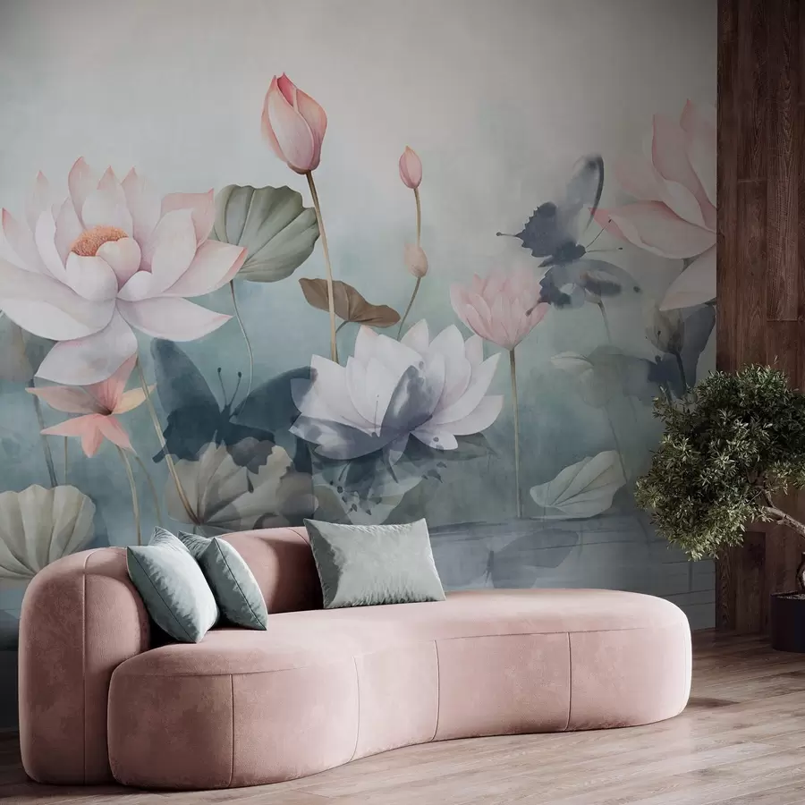 murales de pared Flores de loto texturizadas con pétalos rosa pastel, hojas verdes, reflejo de agua, colores pastel suaves , efecto acuarela w09254