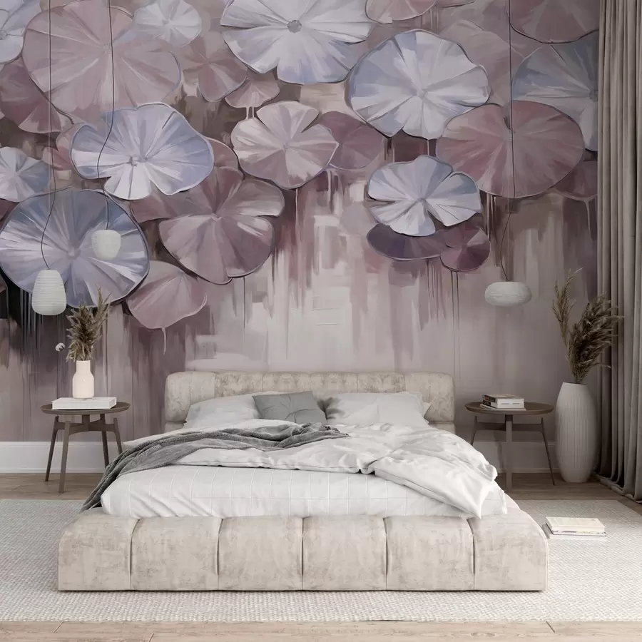 murales de pared Nenúfares texturizados con colores violeta y azul en un estanque, el fondo es una mezcla borrosa de suaves tonos morados w09255v1