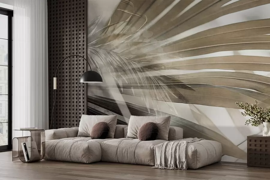murales de pared Hojas de palmera con un tono marrón claro, superpuestas y creando un efecto de capas, sobre un fondo suave y neutro w09256