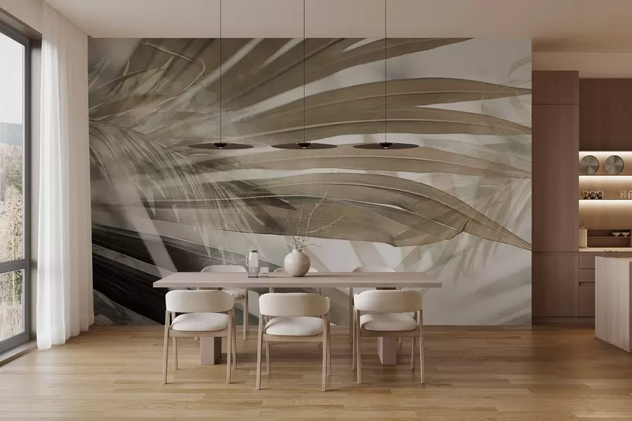 murales de pared Hojas de palmera con un tono marrón claro, superpuestas y creando un efecto de capas, sobre un fondo suave y neutro w09256