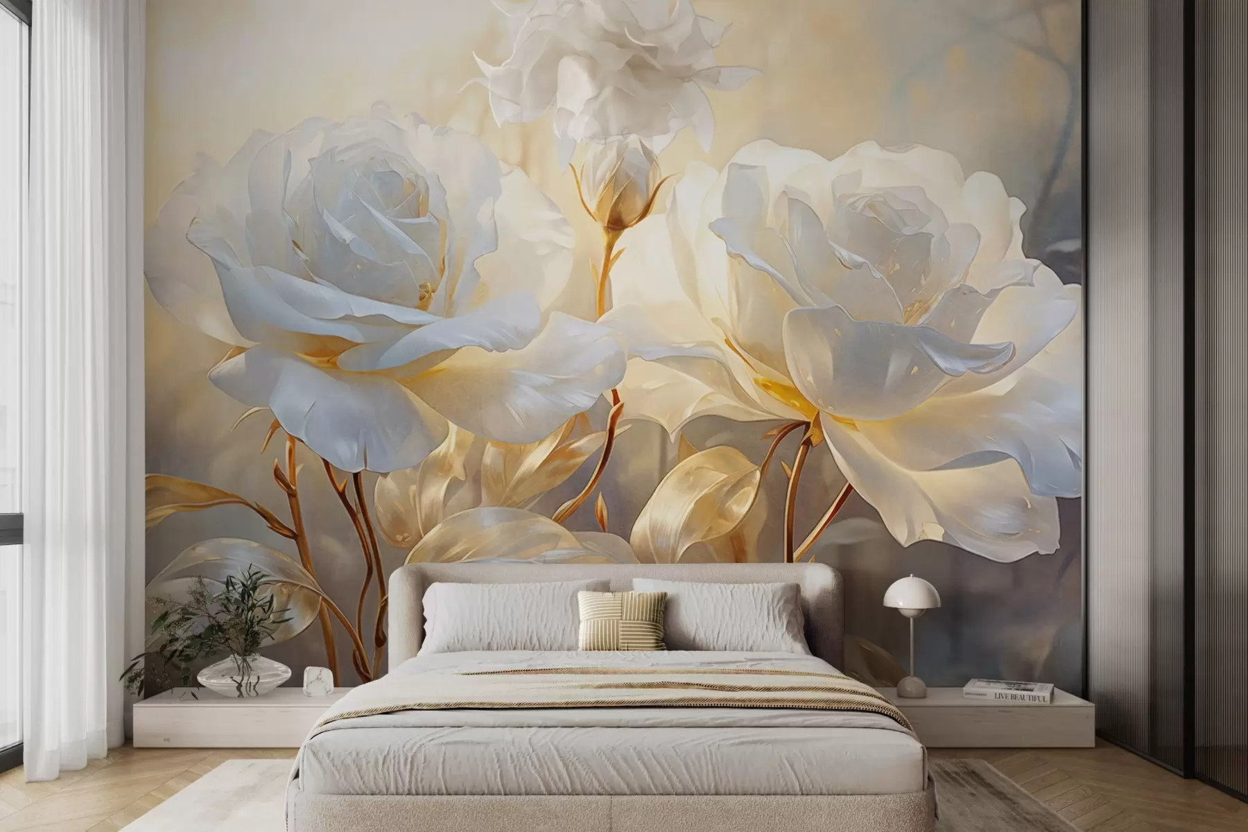murales de pared Rosas blancas texturizadas con tallos y hojas amarillas, iluminación suave, fondo claro con formas florales difuminadas w09258