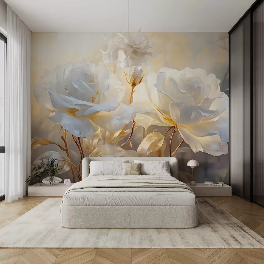 murales de pared Rosas blancas texturizadas con tallos y hojas amarillas, iluminación suave, fondo claro con formas florales difuminadas w09258