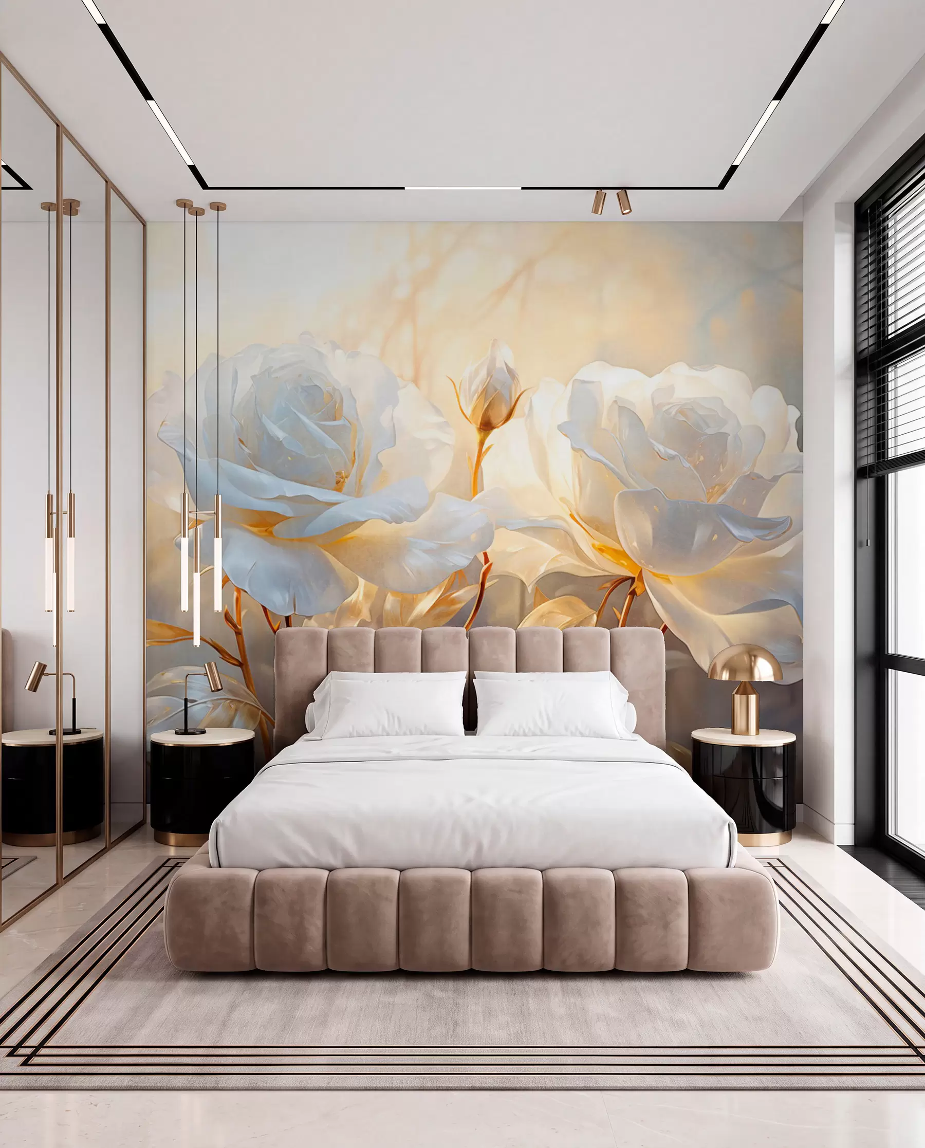 murales de pared Rosas blancas y tallos dorados w09258