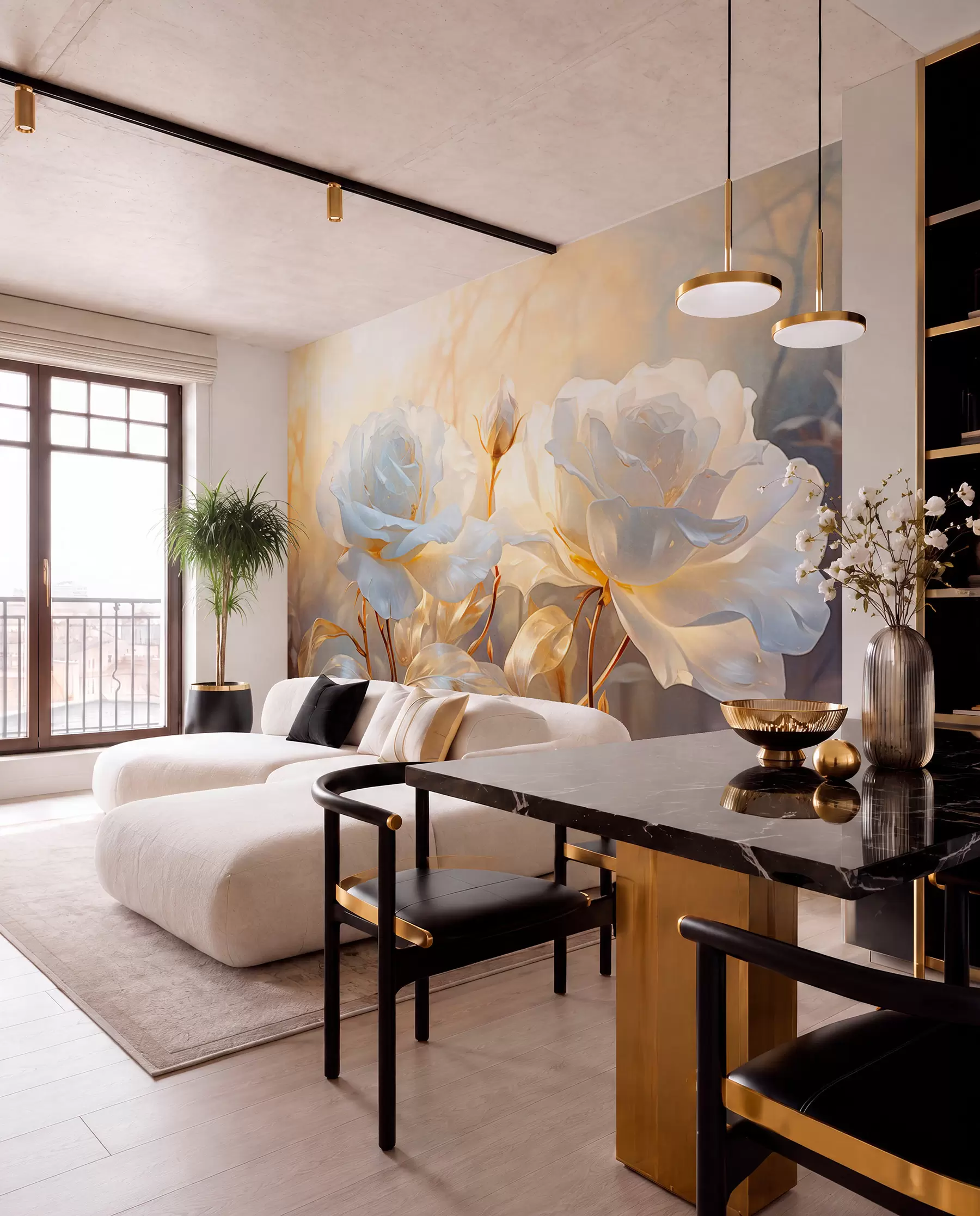 murales de pared Rosas blancas y tallos dorados w09258