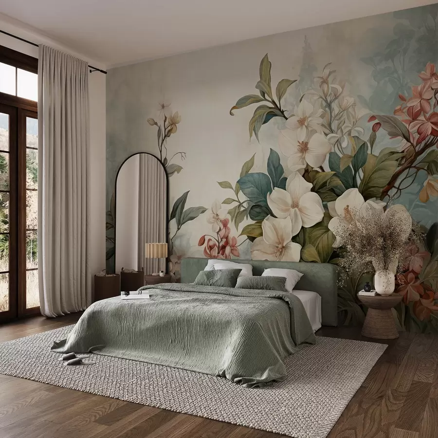 murales de pared Flores y hojas tropicales texturizadas con suaves tonos azules y verdes, delicadas pinceladas, estilo botánico vintage w09259