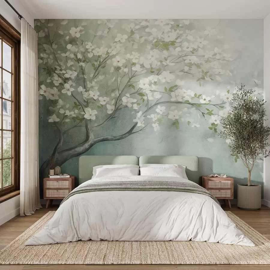 murales de pared Un árbol en flor con flores blancas en plena floración, sobre un fondo granulado de textura ruidosa de azules y verdes apagados w09261