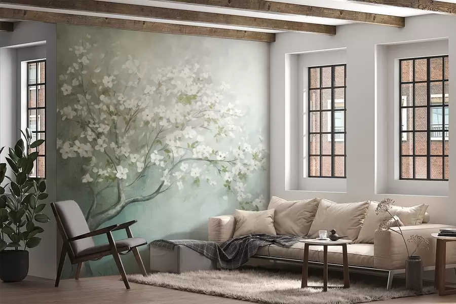 murales de pared Un árbol en flor con flores blancas en plena floración, sobre un fondo granulado de textura ruidosa de azules y verdes apagados w09261