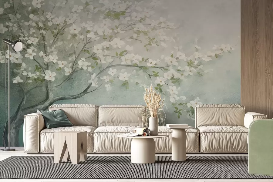 murales de pared Un árbol en flor con flores blancas en plena floración, sobre un fondo granulado de textura ruidosa de azules y verdes apagados w09261