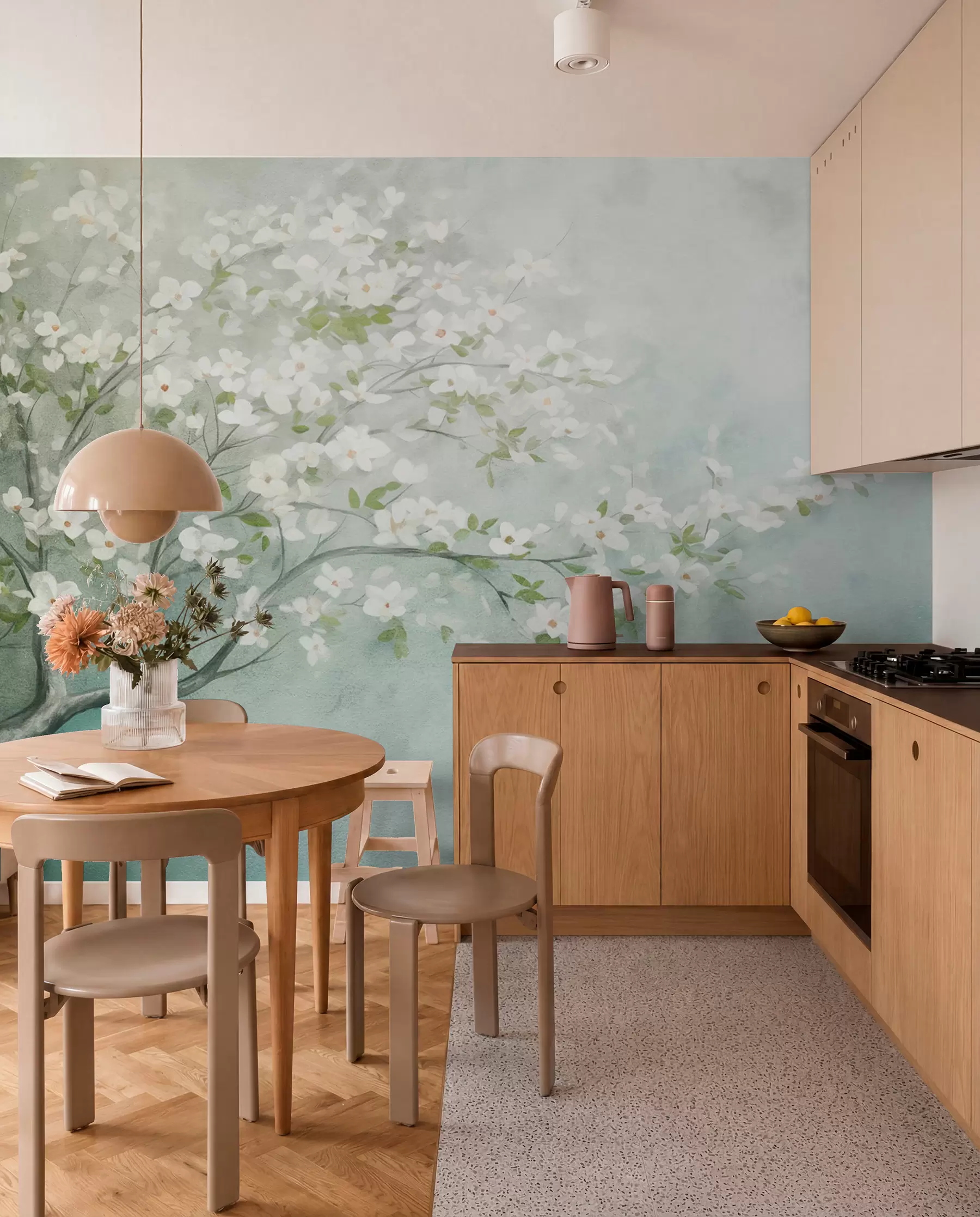 murales de pared Un árbol en flor con flores blancas en plena floración, sobre un fondo granulado de textura ruidosa de azules y verdes apagados w09261