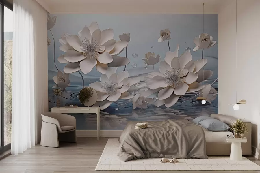 murales de pared Flores blancas texturizadas con gotas de agua, reflejos en la superficie del agua, fondo azul claro, diseño elegante w09262