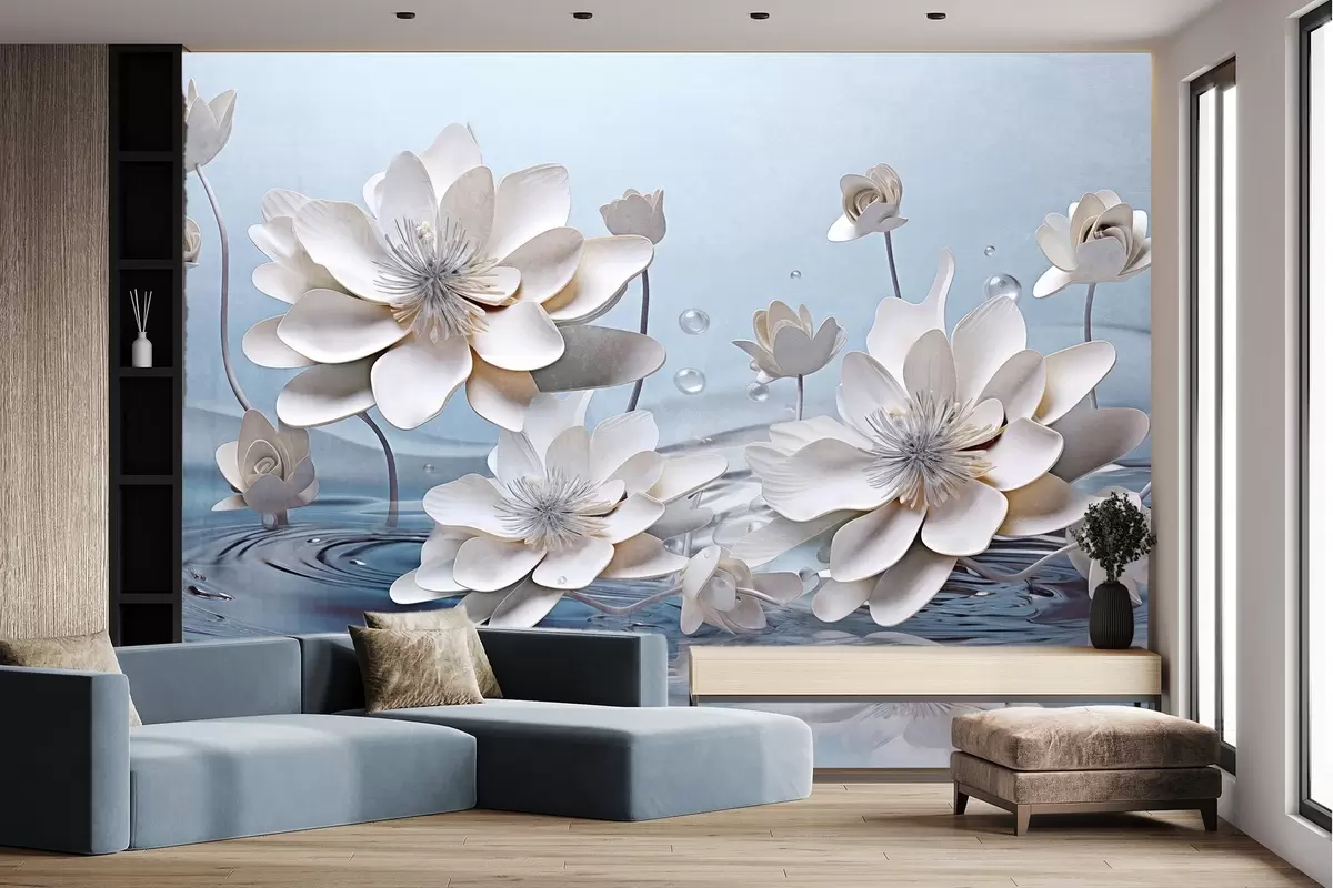 murales de pared Flores blancas texturizadas con gotas de agua, reflejos en la superficie del agua, fondo azul claro, diseño elegante w09262