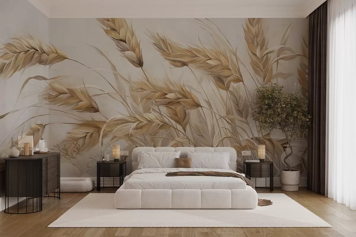murales de pared Campo con textura de trigo y espigas beige mecidas por el viento, colores suaves y apagados que crean una sensación de calidez  w09264