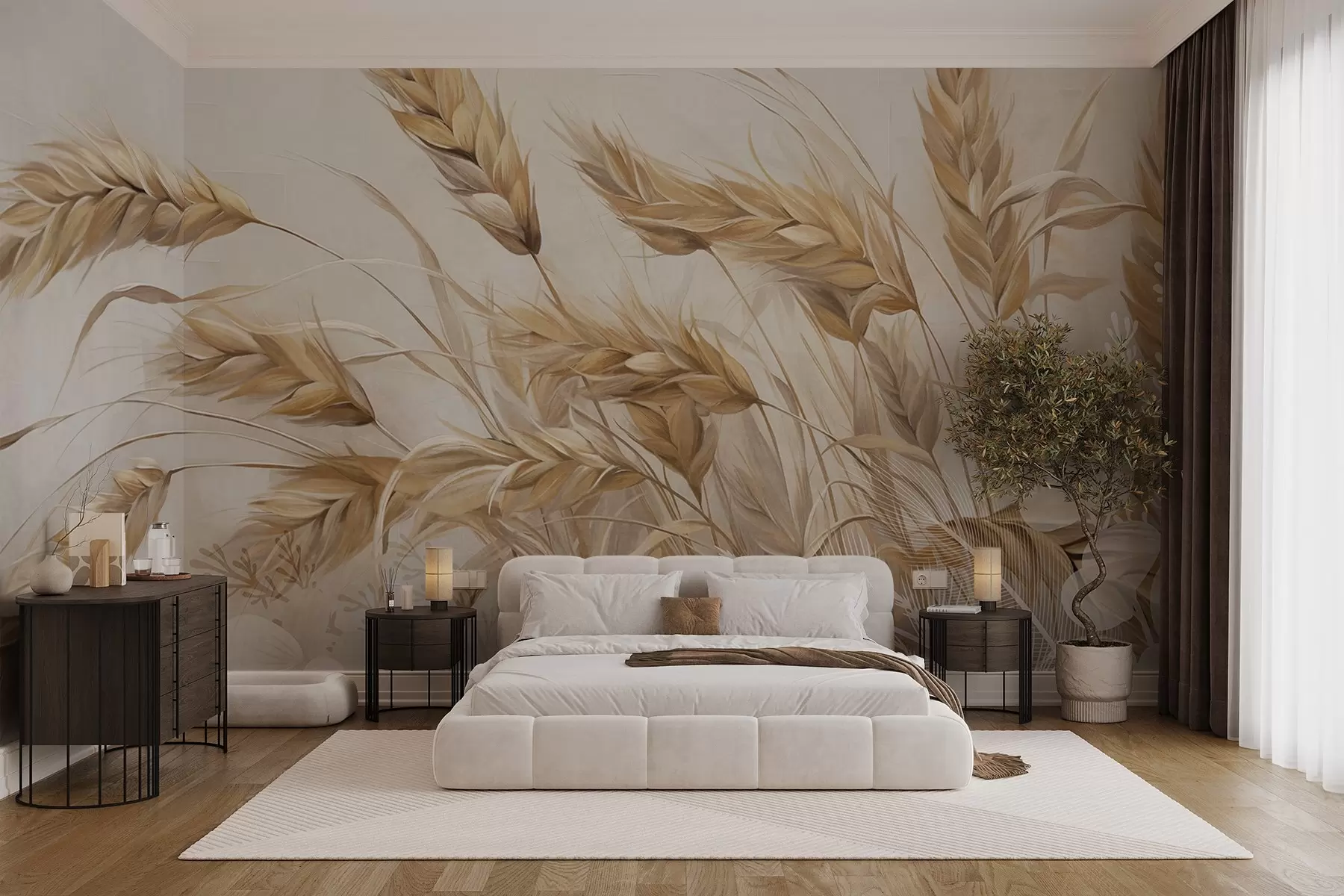 murales de pared Campo con textura de trigo y espigas beige mecidas por el viento, colores suaves y apagados que crean una sensación de calidez  w09264