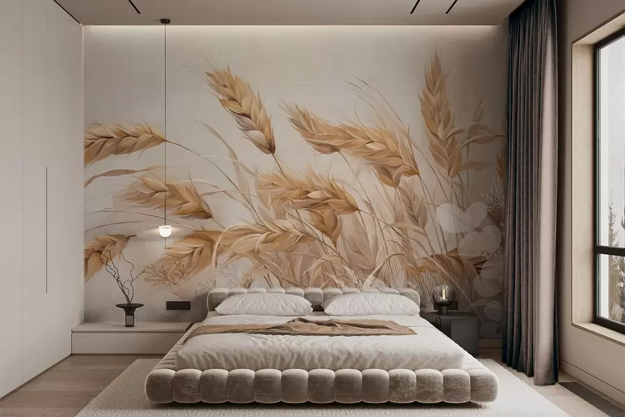 murales de pared Campo con textura de trigo y espigas beige mecidas por el viento, colores suaves y apagados que crean una sensación de calidez  w09264