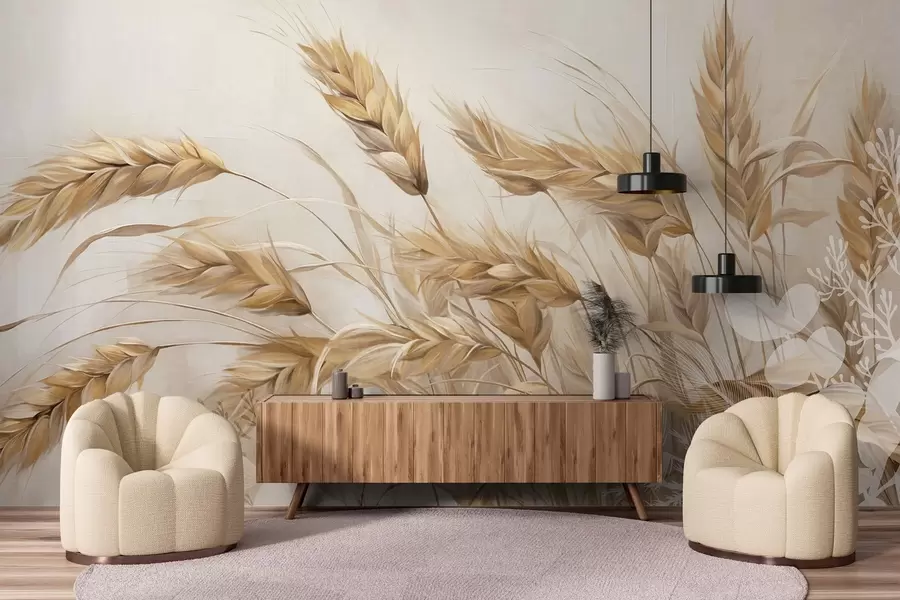 murales de pared Campo con textura de trigo y espigas beige mecidas por el viento, colores suaves y apagados que crean una sensación de calidez  w09264