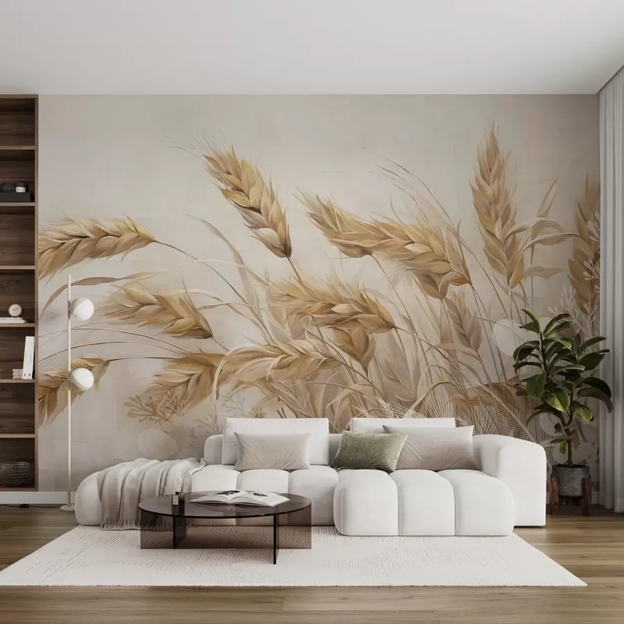 murales de pared Campo con textura de trigo y espigas beige mecidas por el viento, colores suaves y apagados que crean una sensación de calidez  w09264
