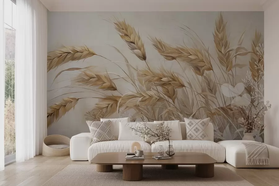 murales de pared Campo con textura de trigo y espigas beige mecidas por el viento, colores suaves y apagados que crean una sensación de calidez  w09264