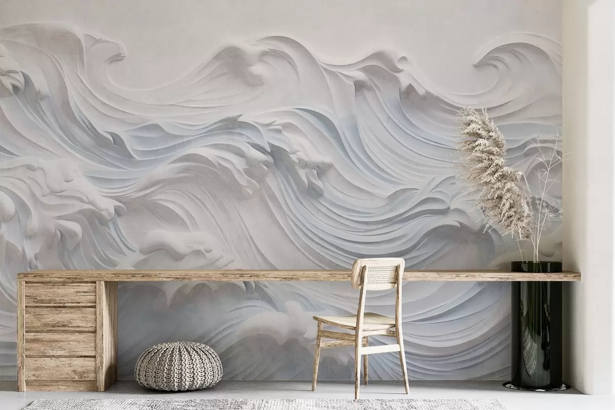 murales de pared Olas oceánicas abstractas de color blanco y azul claro con textura y espuma, que fluyen de izquierda a derecha, impresión dinámica y con textura w09266