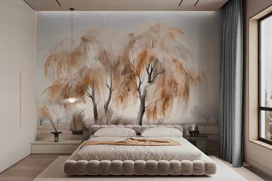 murales de pared Sauces texturizados con hojas marrones y blancas en la orilla de un lago, con algo de hierba a su alrededor, en un día brumoso w09268