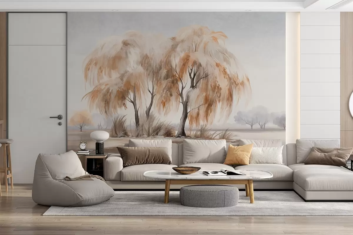 murales de pared Sauces texturizados con hojas marrones y blancas en la orilla de un lago, con algo de hierba a su alrededor, en un día brumoso w09268