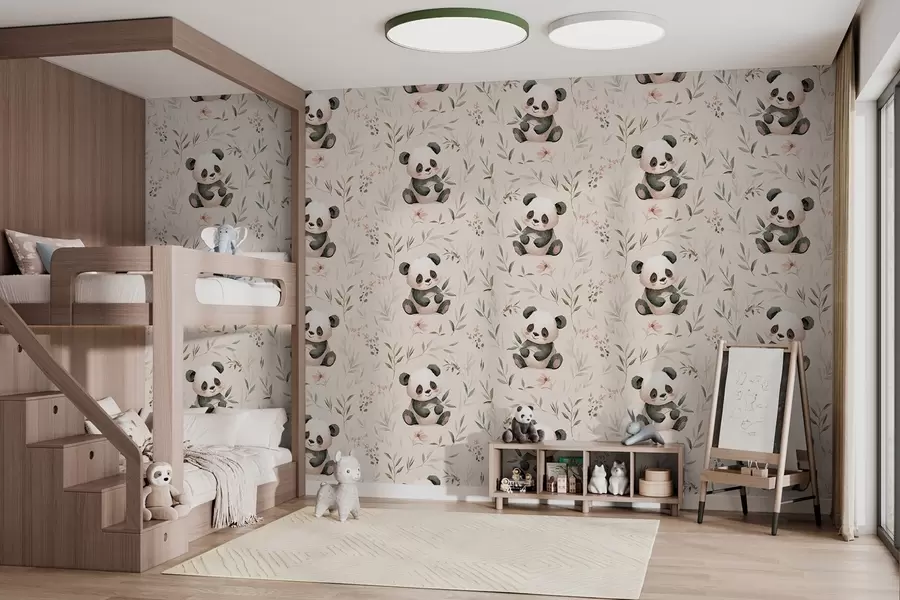 murales de pared simpáticos bebés pandas entre las plantas w04170