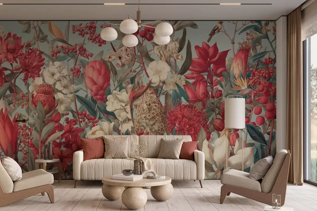 murales de pared flores tropicales con textura sobre fondo azul w04209