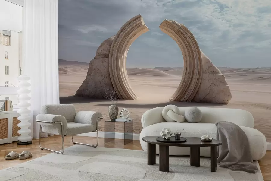murales de pared paisaje surrealista desértico con un gran arco arquitectónico w04284