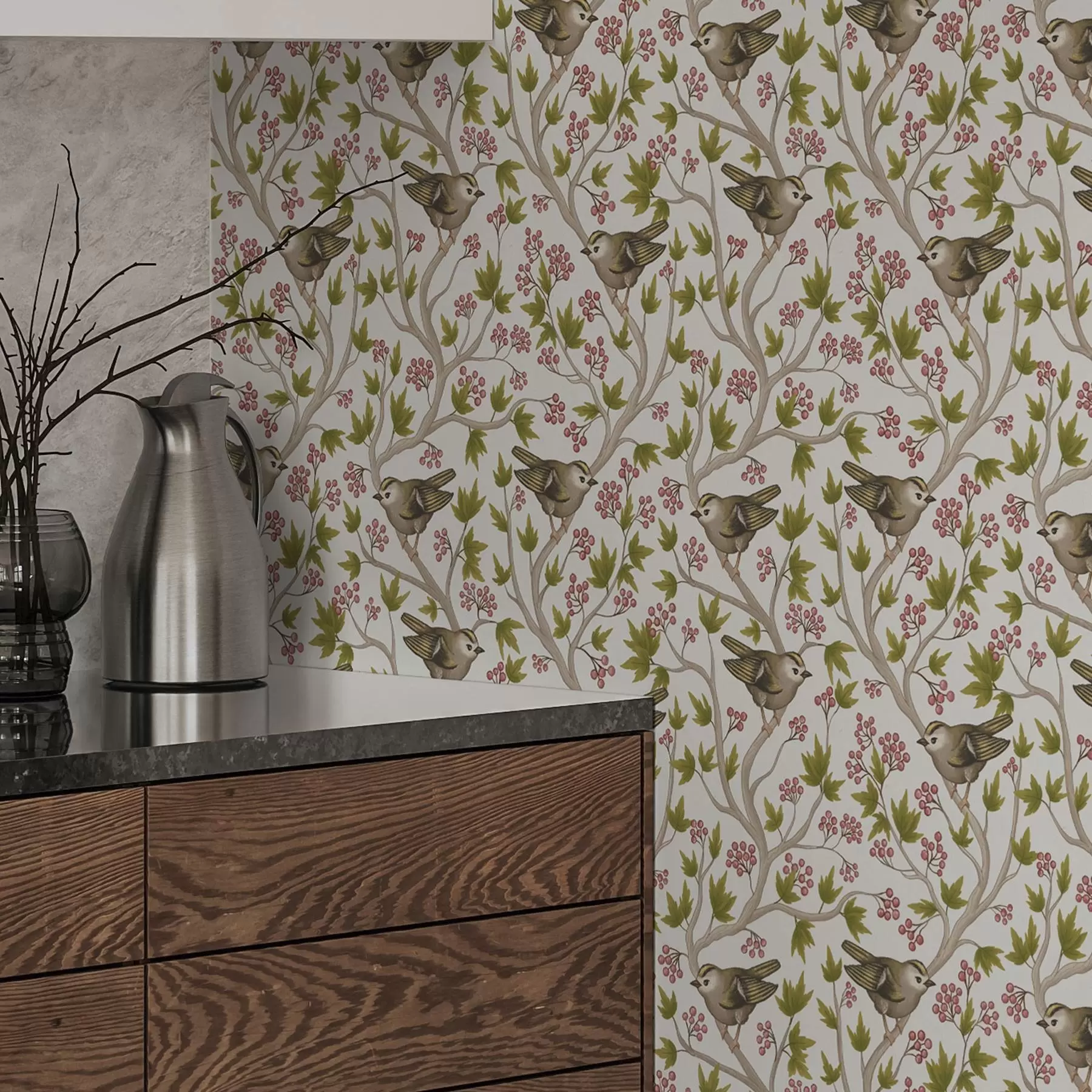 murales de pared Pájaros sobre ramas con hojas y bayas sobre fondo blanco a00283