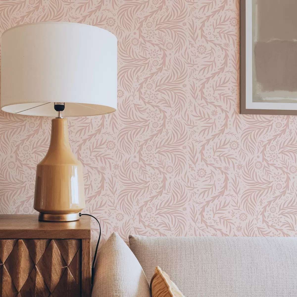 Papel pintado Elementos florales rosa pálido sobre fondo rosa a00290