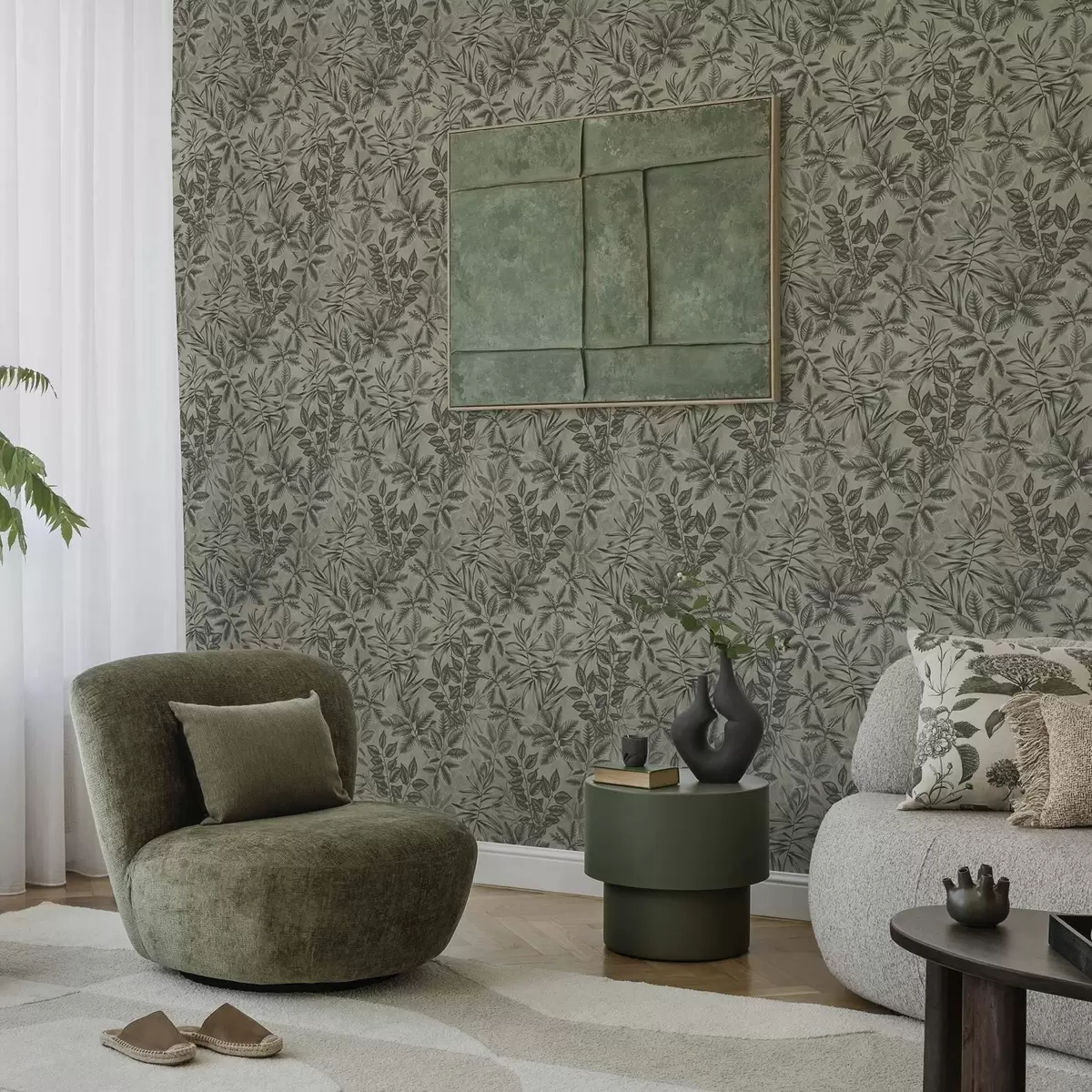 Papel pintado Hojas tropicales grises de diversas formas sobre fondo vintage a00297