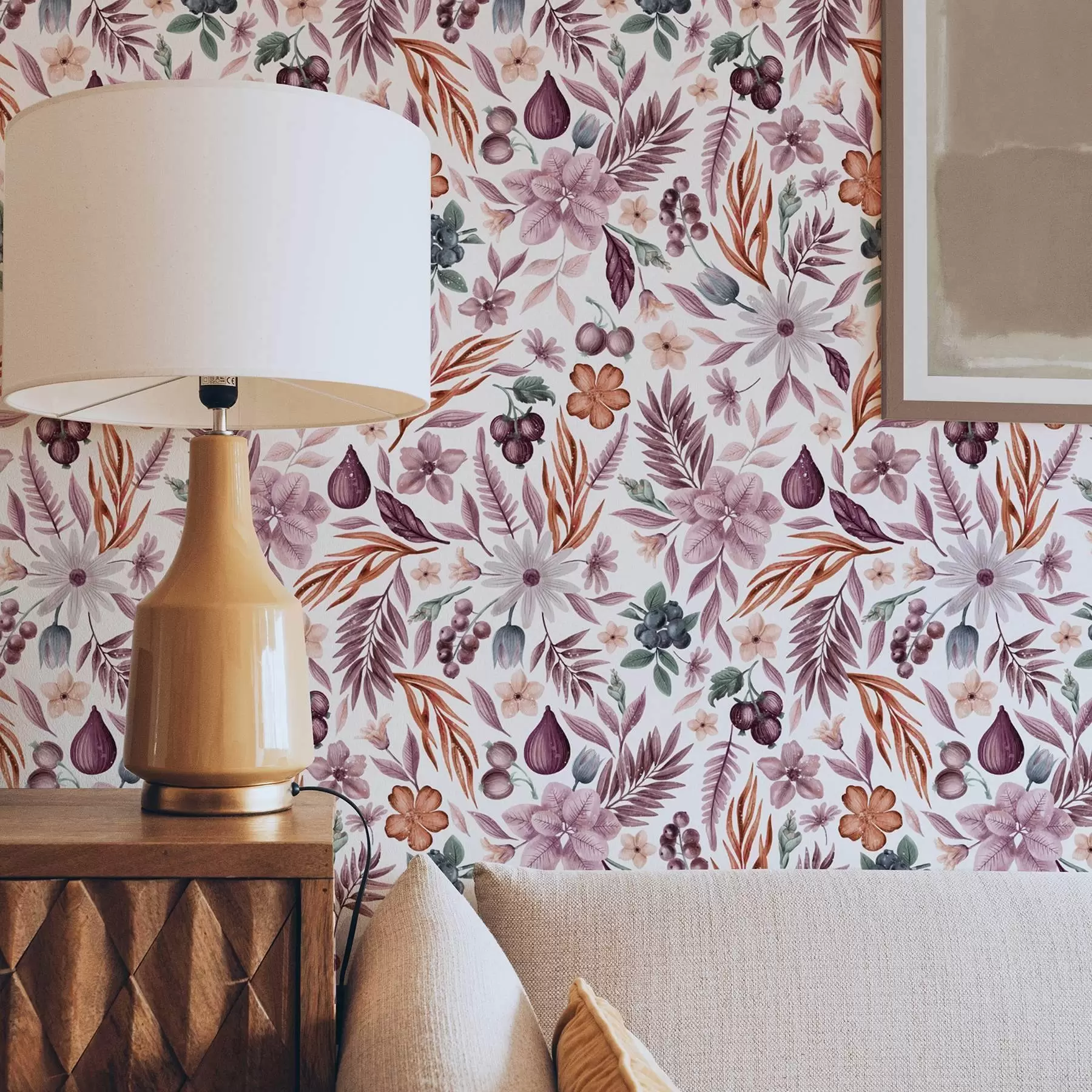 murales de pared Bayas, flores y hojas brillantes en estilo acuarela a00298