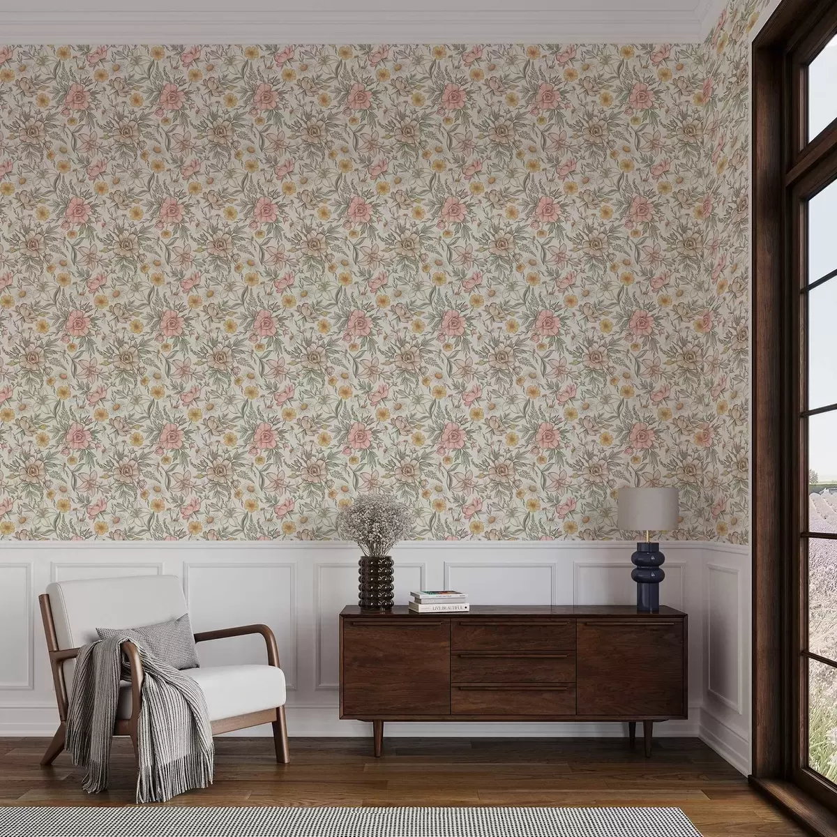 Papel pintado Margaritas, peonías, lirios y hojas en delicados colores a00299