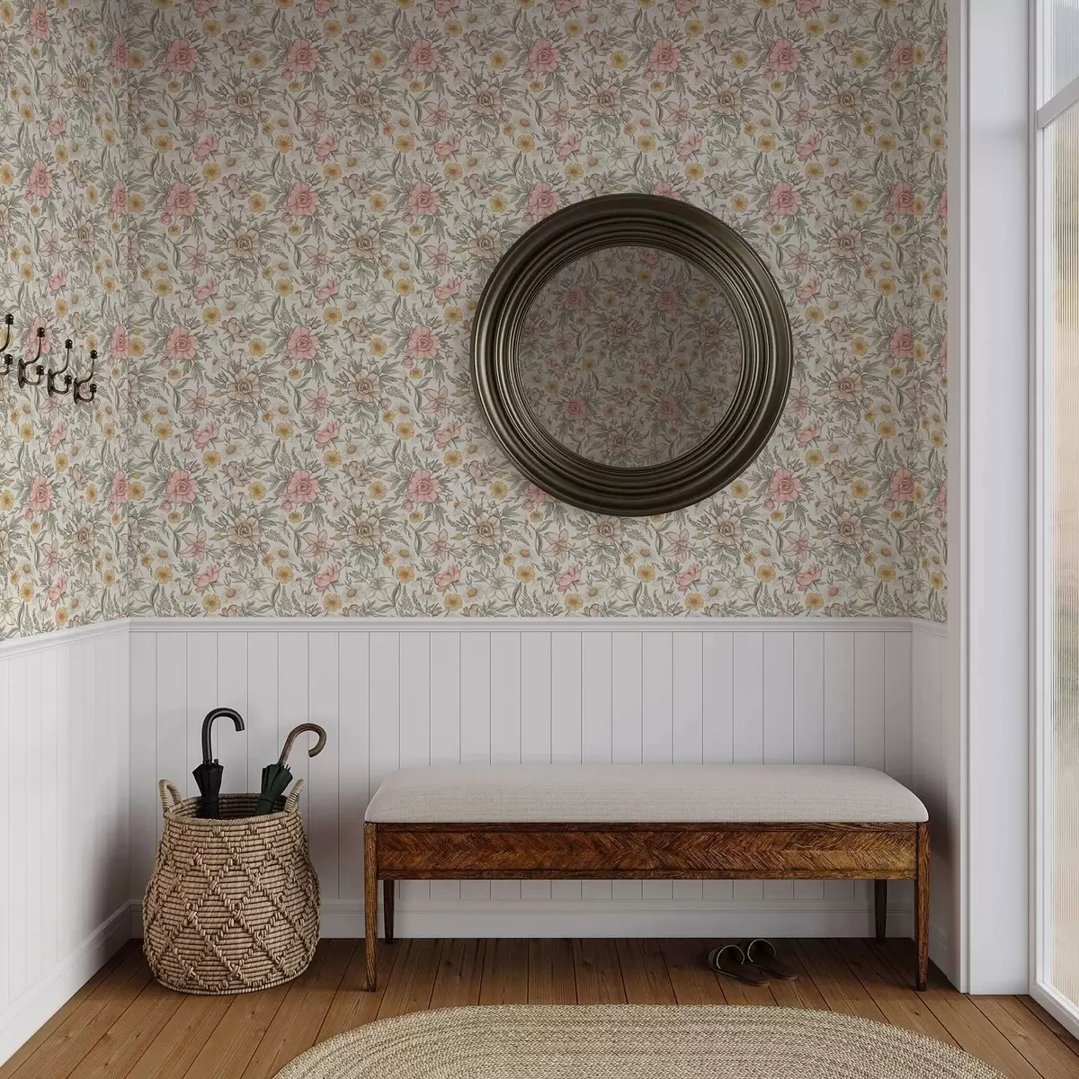 Papel pintado Margaritas, peonías, lirios y hojas en delicados colores a00299