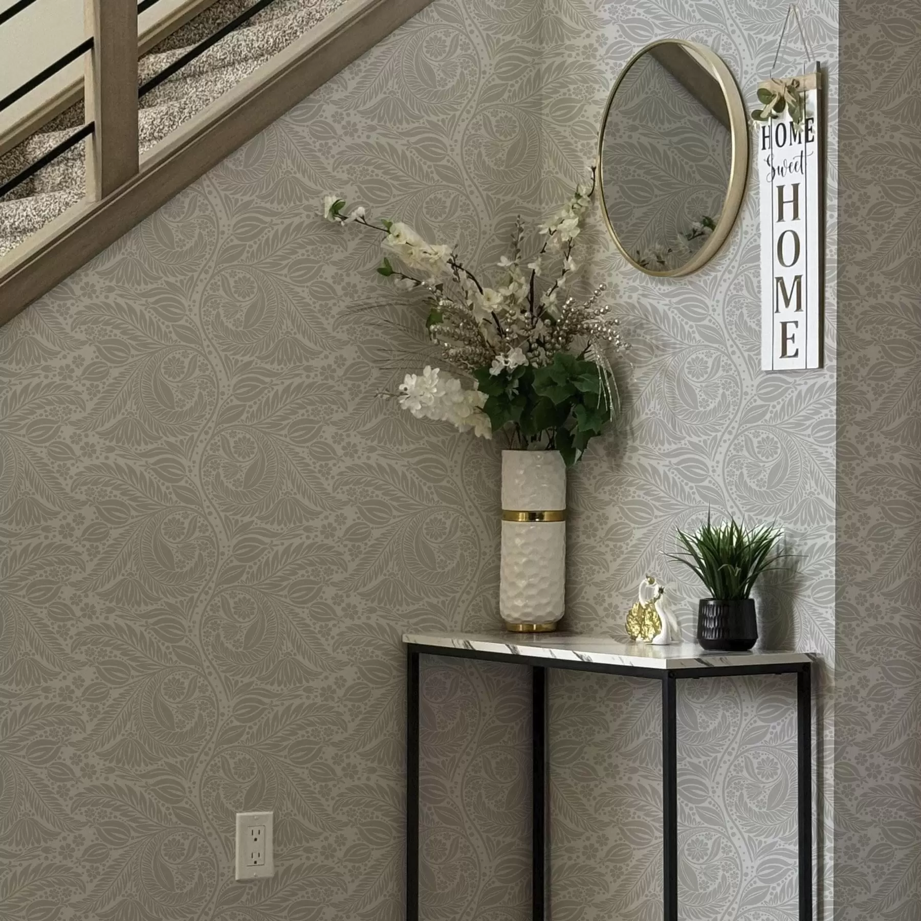 murales de pared Estilización folclórica gris con hojas y flores a00301